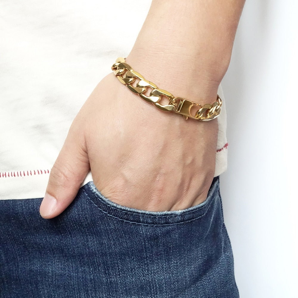 Curb Cuban Chain Gold Color Bracelets for Men Women